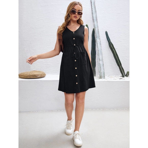 Maternity Drawstring Waist Pocket button down tank mini Dress black - Picture 5 of 5